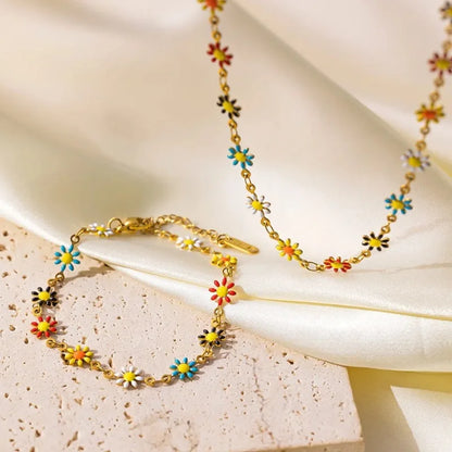 Colorful Daisy Titanium Steel Necklace/Bracelet 18K Gold Plated Waterproof Chain 45 cm