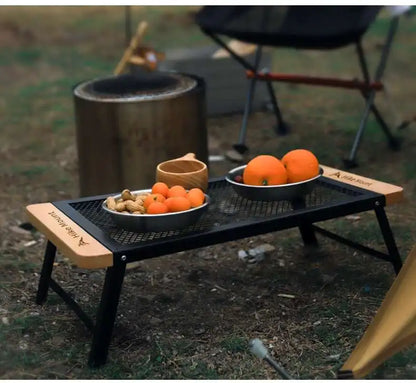 Outdoor Camping Folding Table Portable Solid Wood Iron Mesh Picnic Table Storage Table