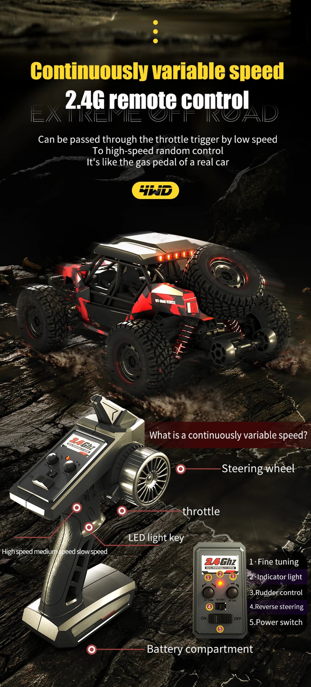 50KM/H 4WD RC Car With LED Remote Control Off-road Cars High Speed Drift Monster Truck for s vs Wltoys 144001 Toys
