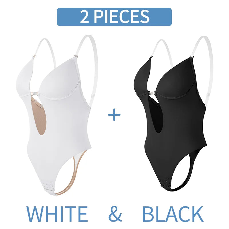 Deep V-Neck Backless Bodysuit Shapewear – Push Up Thong Body Shaper