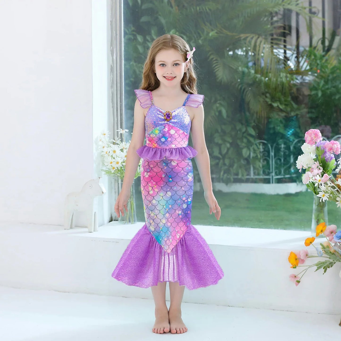 Ariel Mermaid Dress Gown Fashionable Princess Roleplay Costume for Girls