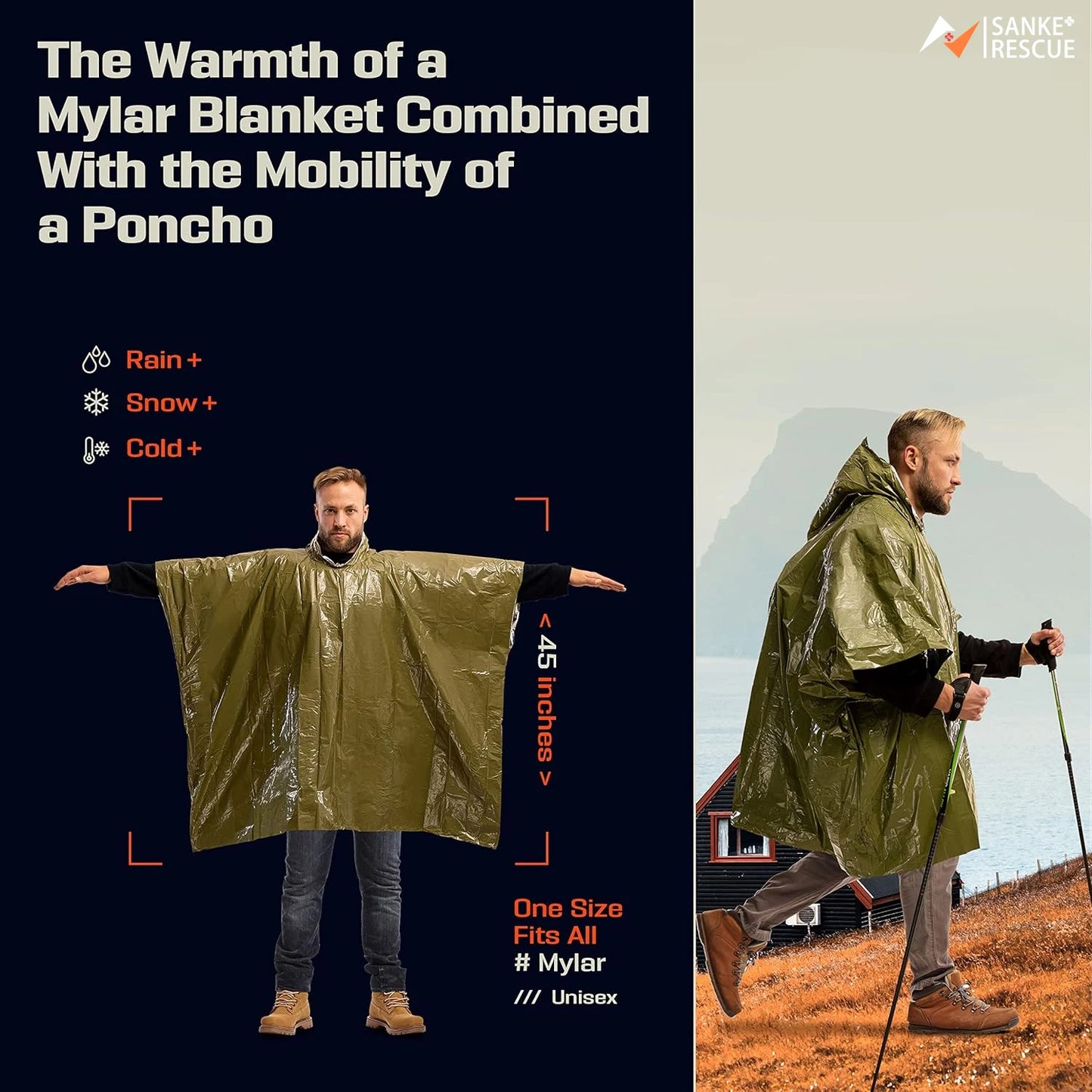 Emergency Thermal Waterproof Rain Poncho and Survival Blanket