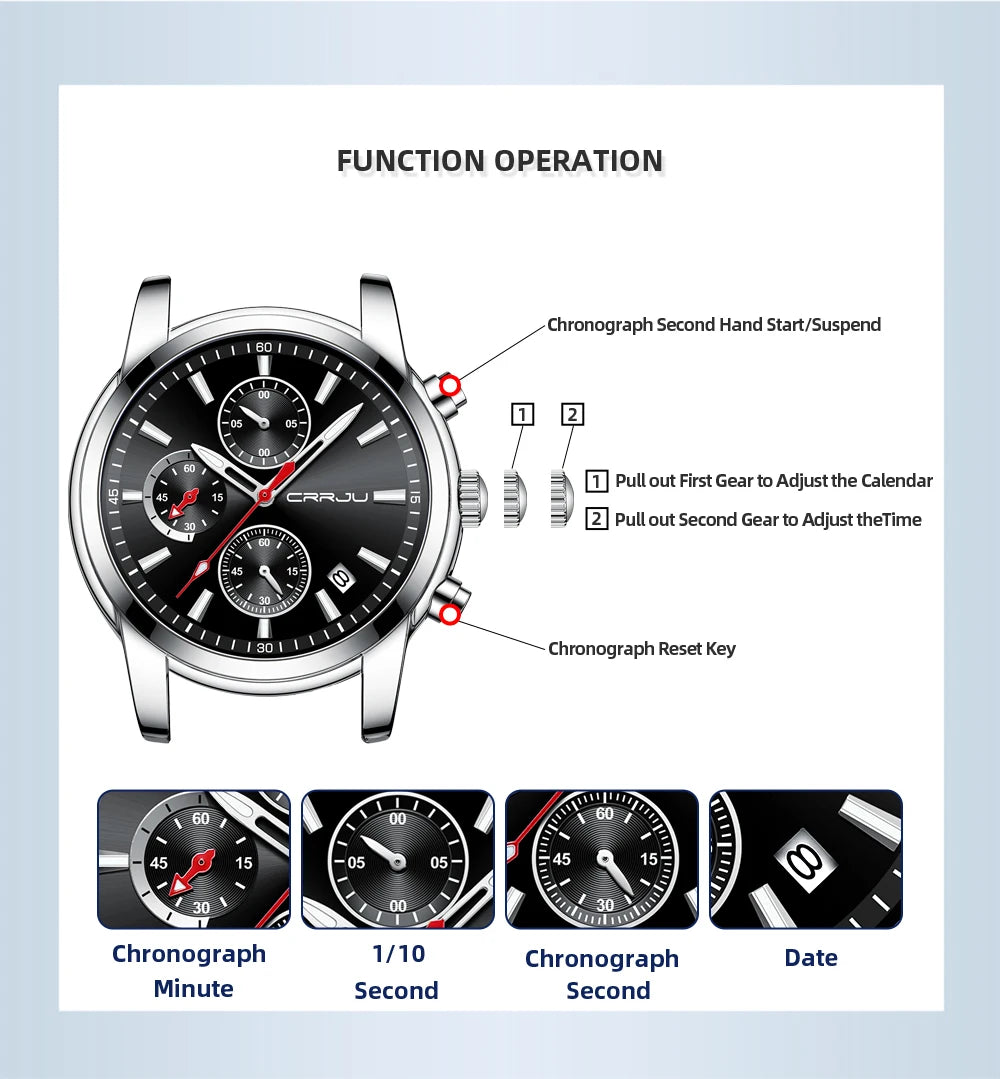 Men Watch Quartz Chronograph Full Steel Waterproof Wristwatch with Date