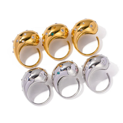 Smooth Gold Color Chunky Round Dome Rings for Women Pave Zircon Teardrop Open Rings