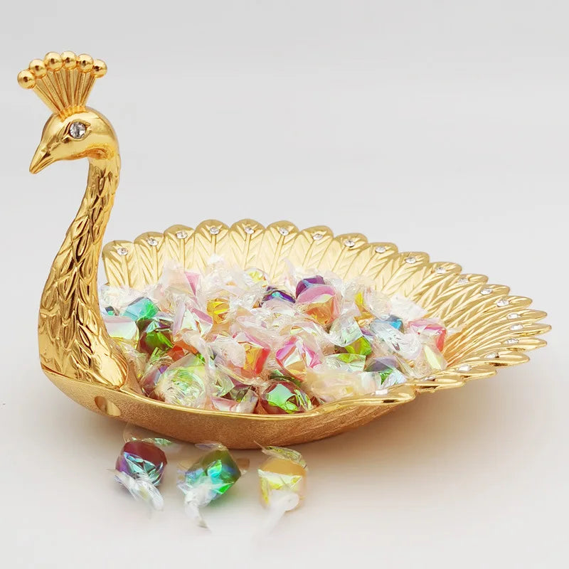 Pretty Gold Peacock Fruit Plate Luxury Zinc Alloy Tray Delicate Storage Plate for Candy Trinket Jewelry Snack Serving Home Decor