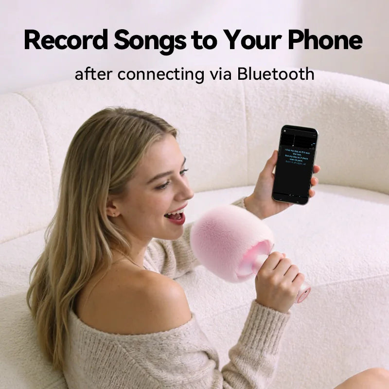 Bluetooth Karaoke Microphone with Fluffy Cover, 2-in-1 Handheld Mic & Speaker with Dynamic LED Lights for Party Singing