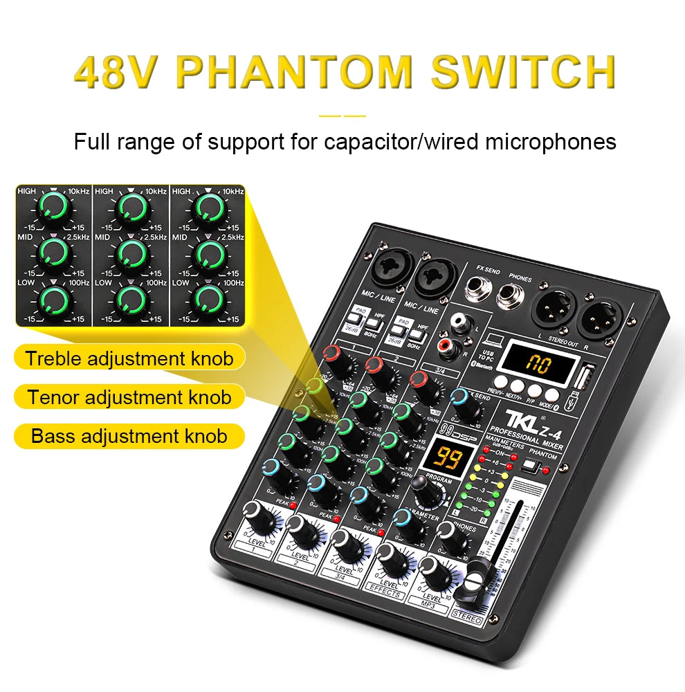 4 Channel Audio Mixer With 99 DSP Effects Bluetooth USB And 48V Phantom Power