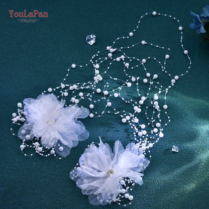 Elegant Women Bride Headwear Handmade gauze Flower Wedding Princess Headband Long Pearl Tassel Hair Accessories