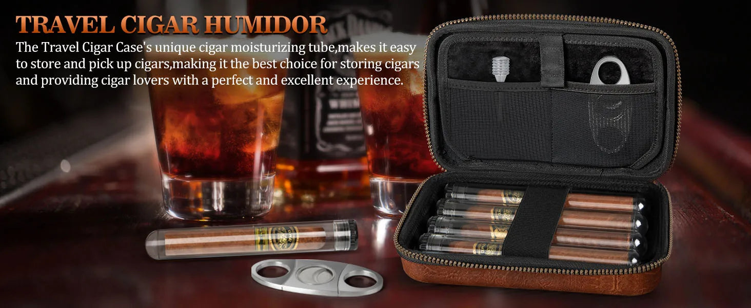 Leather Travel Cigar Humidor with 4 Cigar Tube and Cigar Cutter,Cigar Accessories Gift Set for Men,Lighter not included