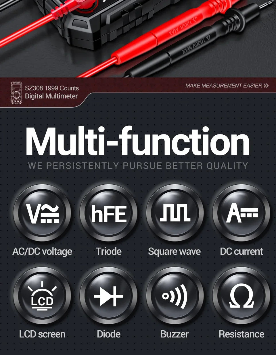 Square Wave Digital Multimeter 1999 Counts HFE Triode Buzzer Tester AC/DC Voltage 10A Current Multimeters Meter Tool