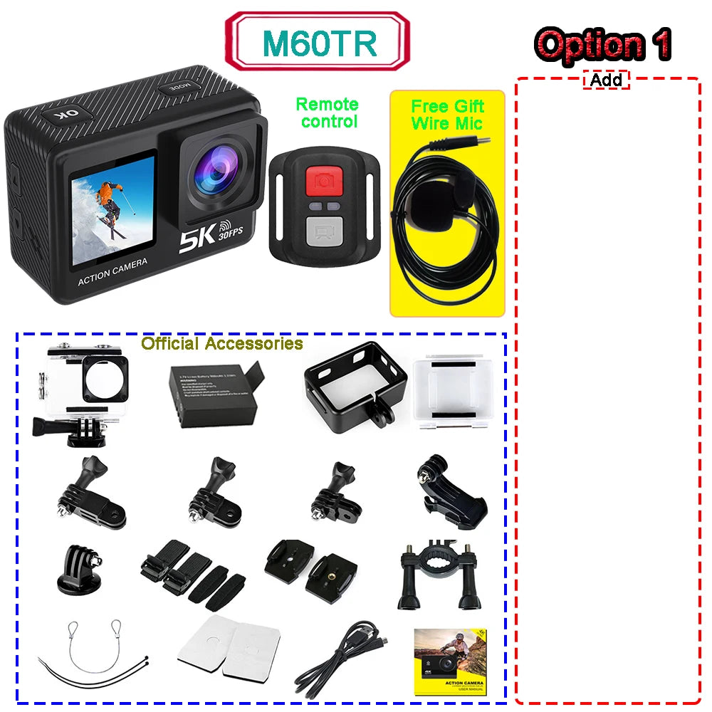 5K 4K60FPS Action Camera 50MP Dual Screen Touch Display WiFi EIS Waterproof Sports Camera with Wireless Microphone Support