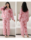 Women’s Winter 100% Cotton Pajama Set – Loose Fit, Turn-Down Collar, Long Sleeves, Cute Pink