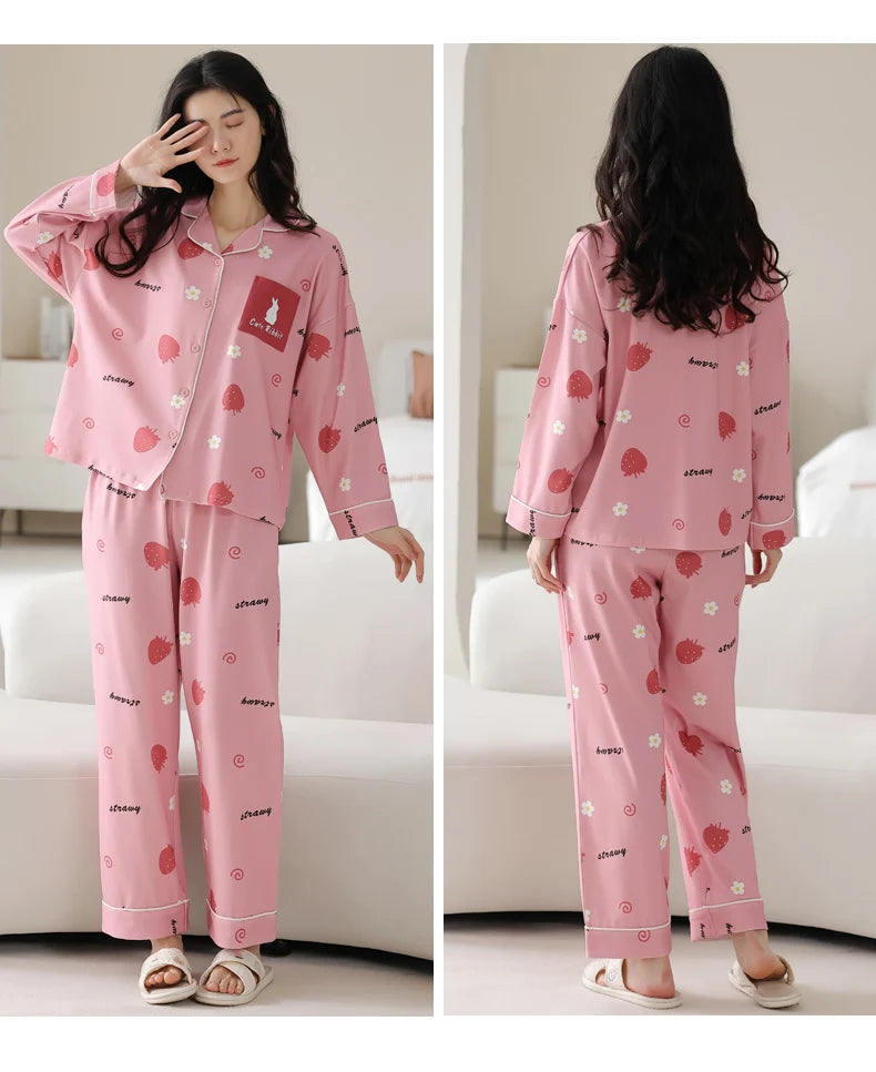 Women’s Winter 100% Cotton Pajama Set – Loose Fit, Turn-Down Collar, Long Sleeves, Cute Pink