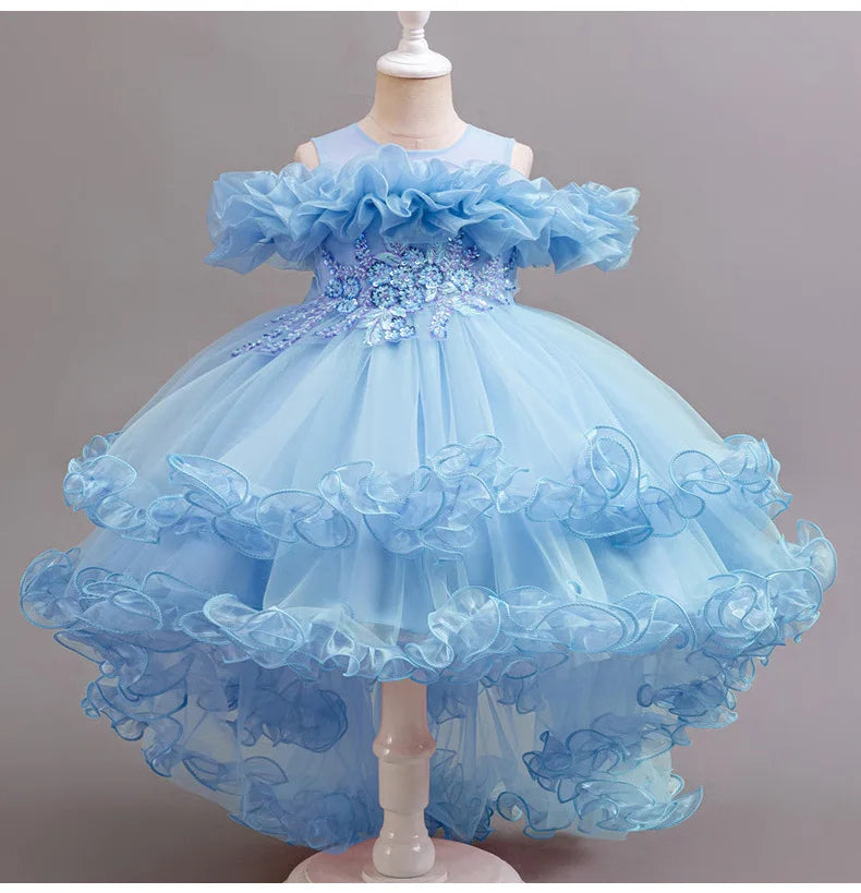 Luxury Off-Shoulder Girls' Dress - Convertible Tulle Ball Gown for Birthday Parties & On-Stage Events