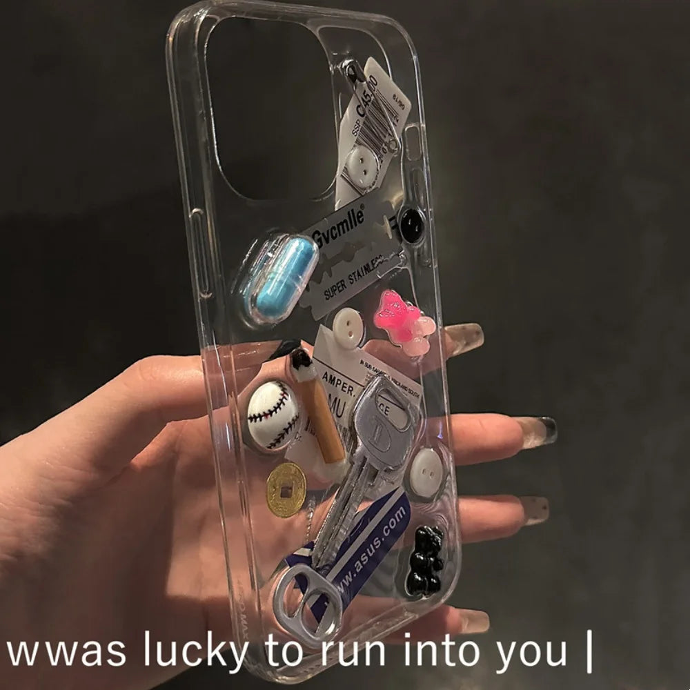 INS Junk Blade Pin Button Key Clear Phone Case For iPhone 16 15 13 14 Pro Max Plus Baseball Label Lens Protect Soft Cover