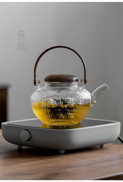 Bamboo Handle 800ml Blooming, Loose Leaf Tea Pot with Glass Strainer Safe Lid Dishwasher, Stovetop Safe Teaset Kettles