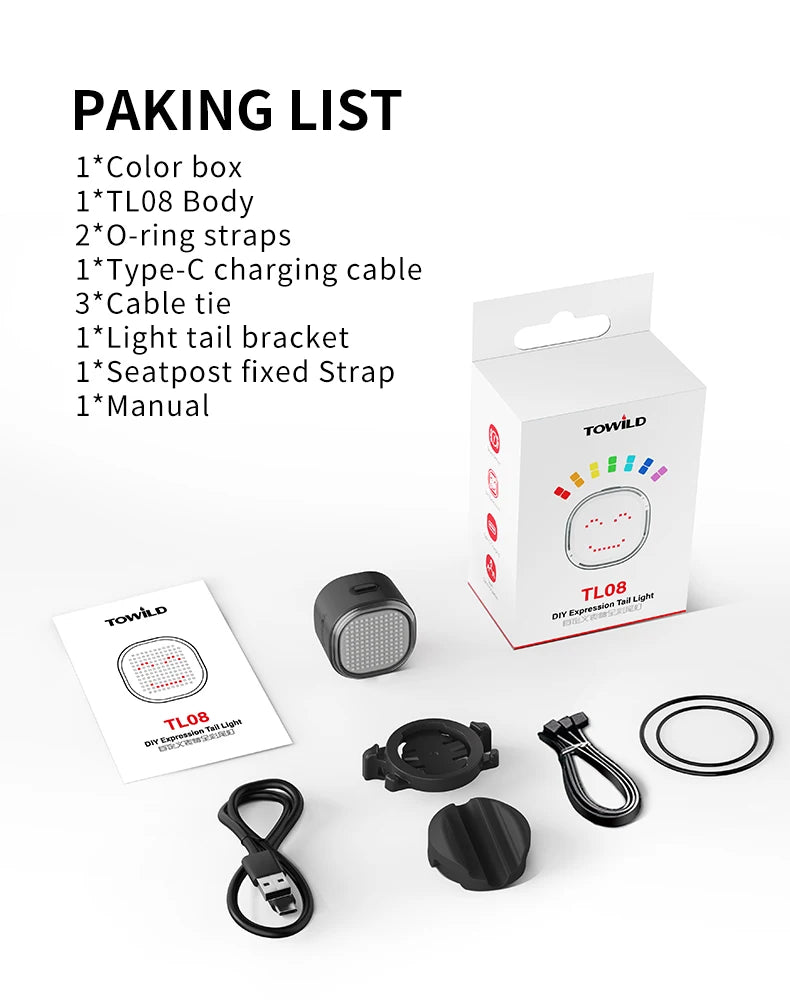 Customizable Intelligent Expression Taillights 140 LED Lights Smart Braking Sensor Multiple Colors Bicycle Rear Light