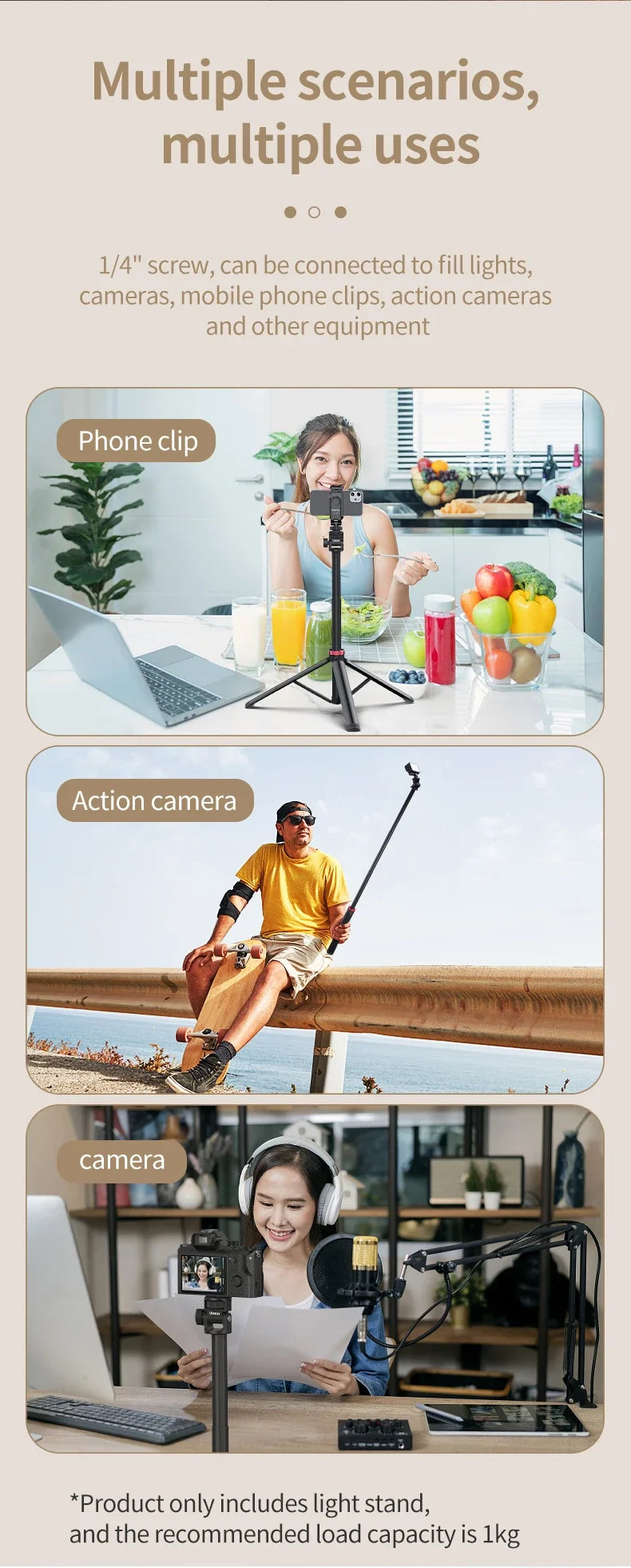Portable Universal Tripod Aluminum Alloy Camera & Fill Light Holder Lightweight Extendable