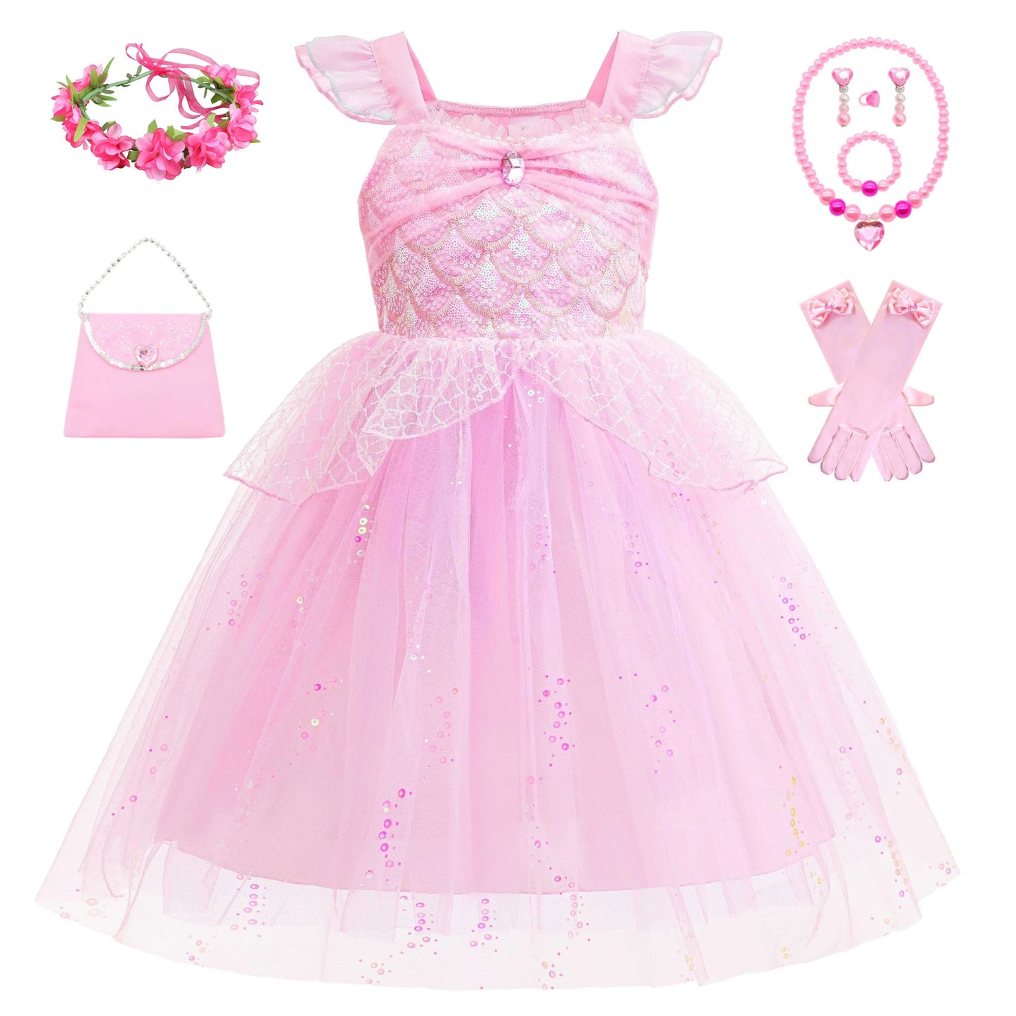 Sparkle Mermaid Princess Dress with Flutter Sleeves Sequin Tulle Party Costume