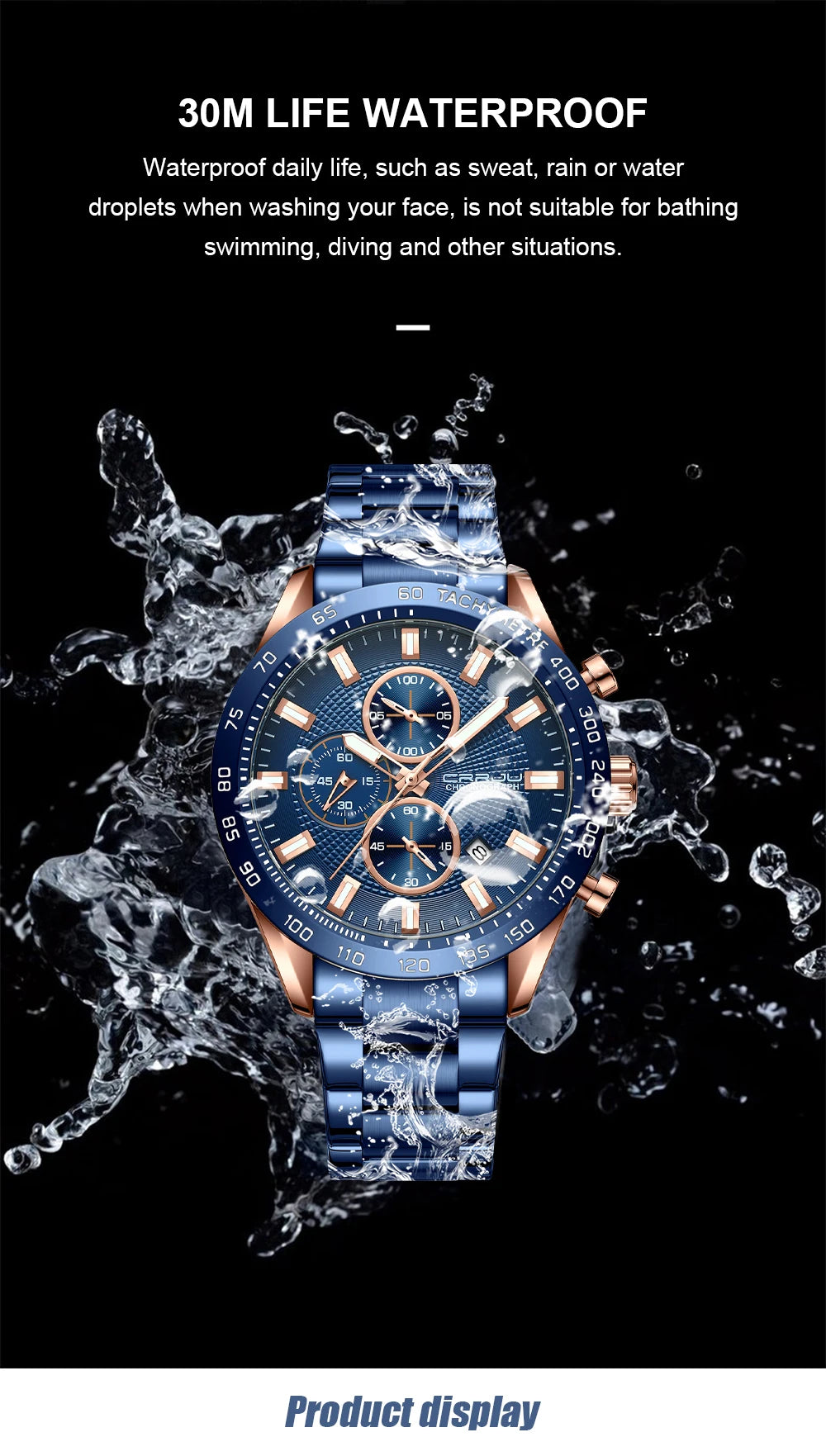 Men Watch Fashion Sports Chronograph Wristwatches Stainless Steel Strap with Auto Date