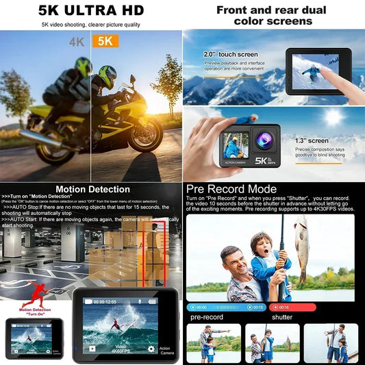 5K 4K60FPS Action Camera 50MP Dual Screen Touch Display WiFi EIS Waterproof Sports Camera with Wireless Microphone Support