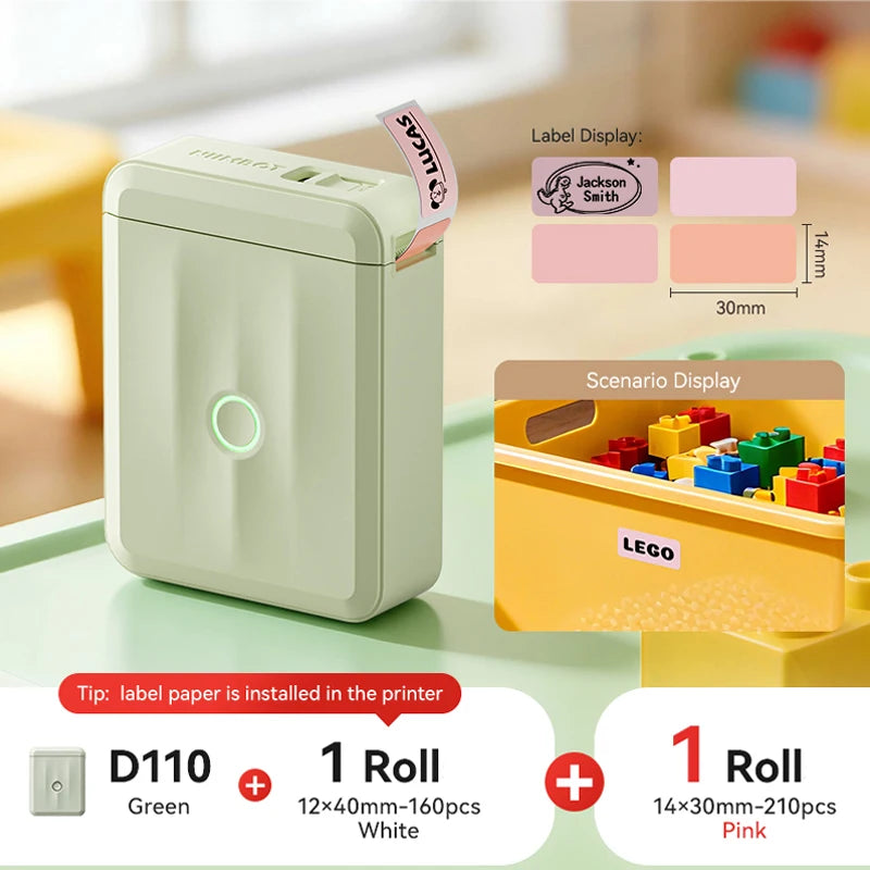D110 Mini Portable Thermal Label Printer, Bluetooth Smart Label Maker with Adhesive Tape, Inkless 203 DPI for Home, Office & School