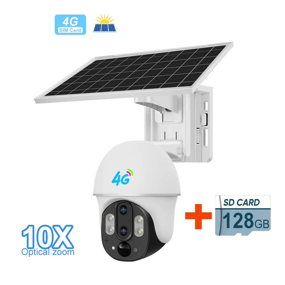 Outdoor Solar 4G Camera 10X Optical Zoom Night Vision Battery CCTV Monitor PIR Human Detection Waterproof Security Video Camera