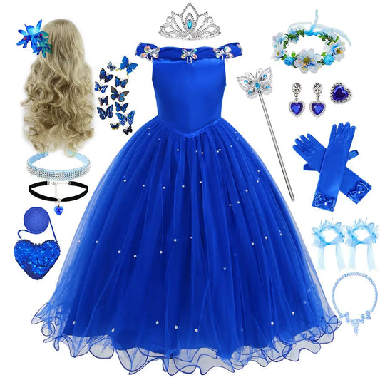 Blue Pearl Embellished Princess Ball Gown Dress