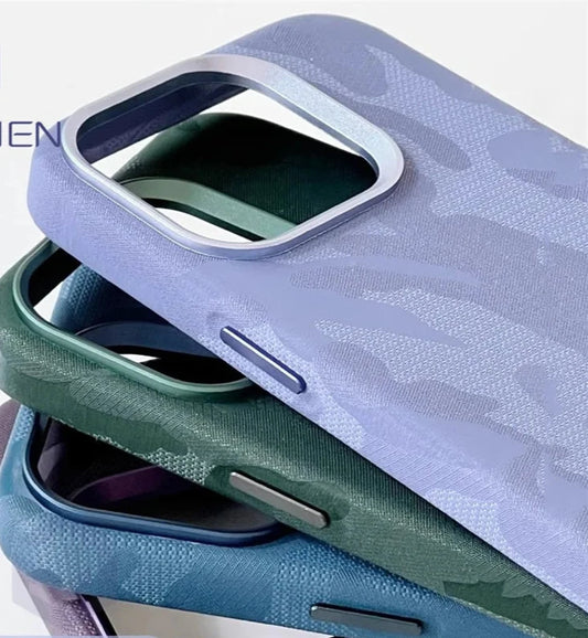 Luxury Camouflage Leather Fabric Magnetic Wireless Charge For Magsafe Shockproof Back Cover For iPhone 15 14 13 Pro Max Case