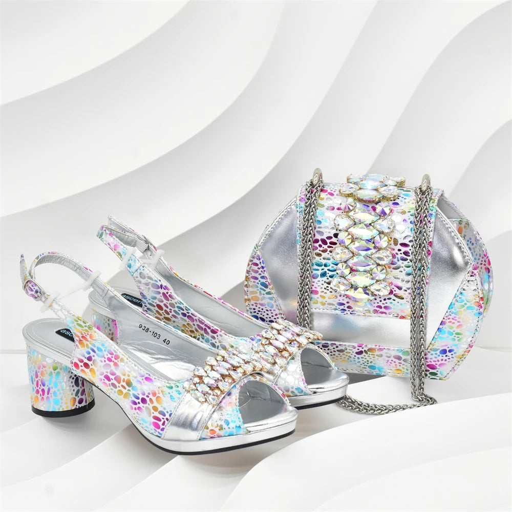 Rhinestone Design INS African Shoes and Bag Set in Silver Color Open Toe Comfortable Women Heels