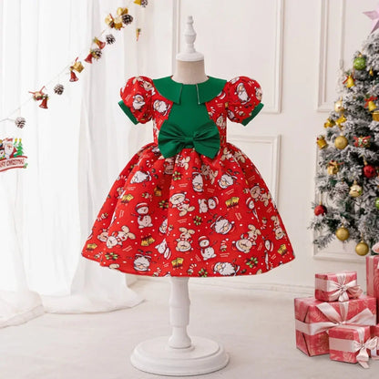 Girls Elegant Dresses Santa Claus Snowflake Print Child Christmas Costume Red Green Kids Princess Dress Party Evening Clothing