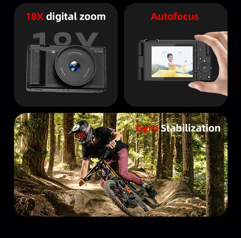 5K 80MP Digital Camera with 6-Axis Stabilization, 270° Flip Screen & 18X Zoom for Vlogging Photography