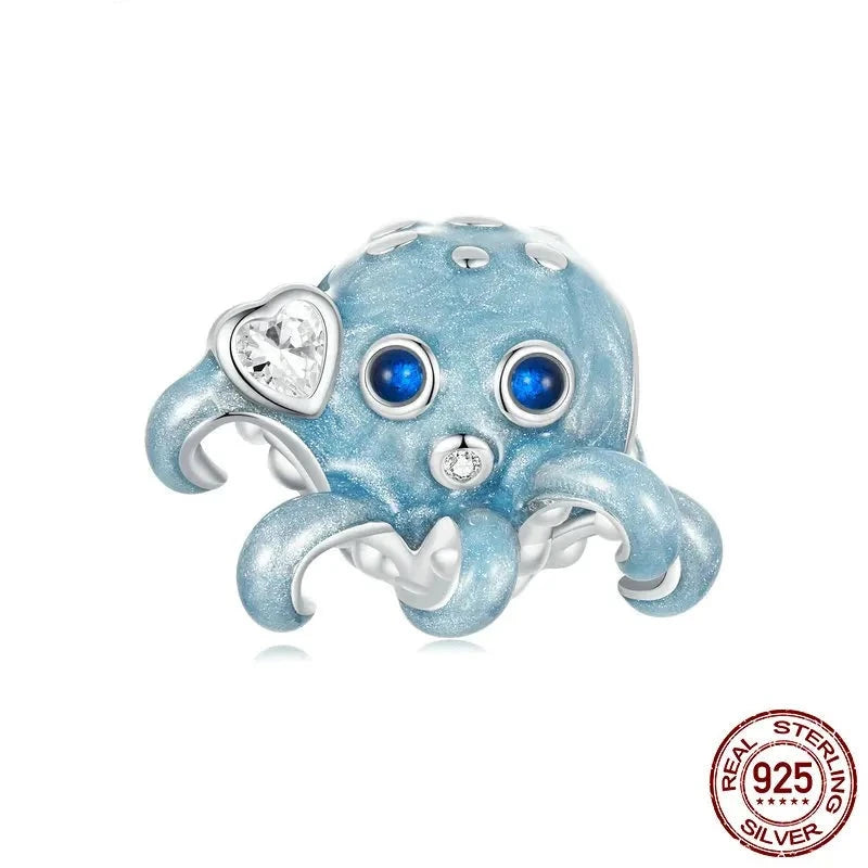 925 Sterling Silver Blue Octopus Charms Bead Drop Oil Ocean Animal Pendant