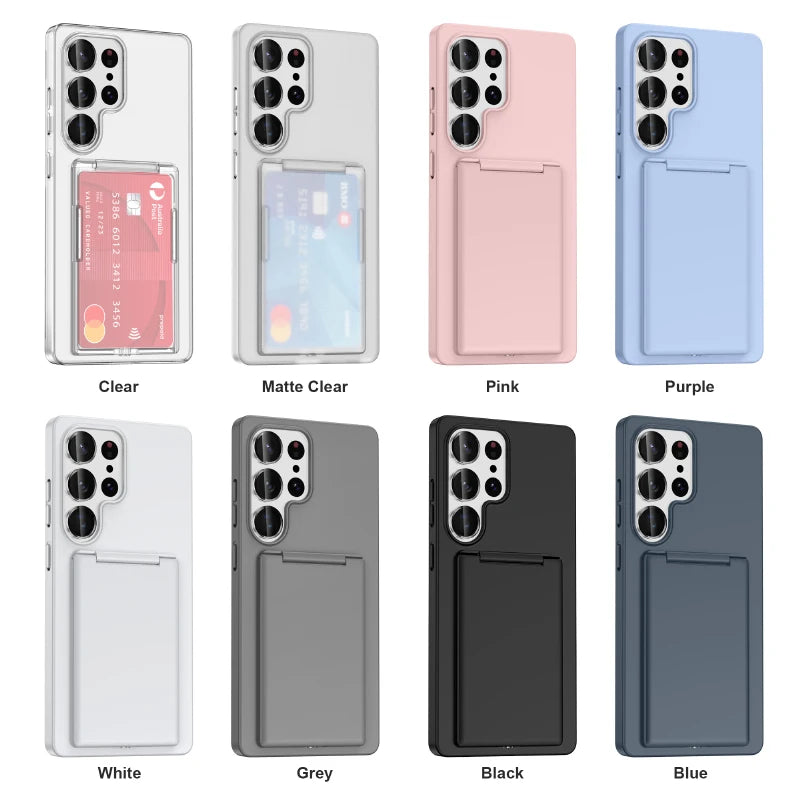 Luxury Solid Color Matte Wallet Card Slot Bracket Phone Case For Samsung S25 Ultra Edge S23 S24 Ultra Plus Bumper Back Cover