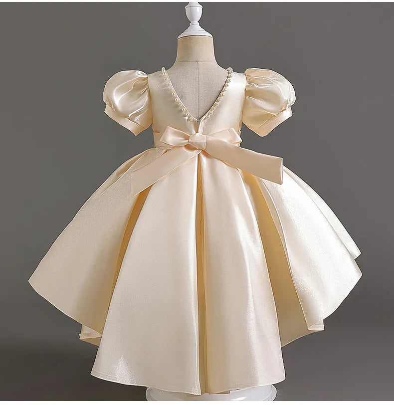 Elegant Backless Flower Girl Dress - Girls' Satin Gown for Pageant, Hosting & Walk Show