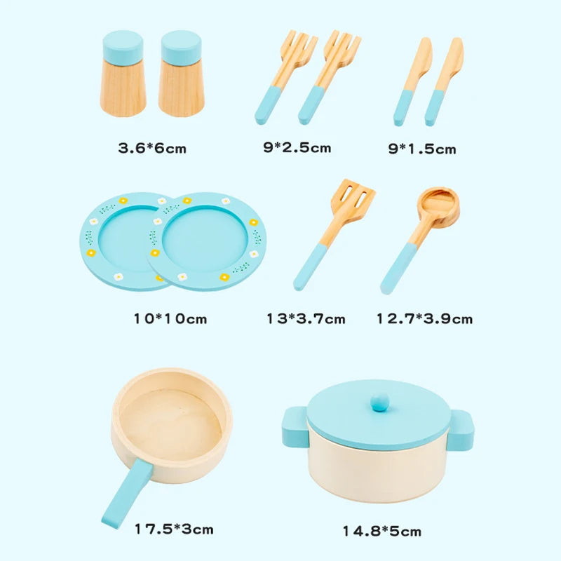 Wooden Pretend Play Kitchen Set with Pots Pans and Utensils