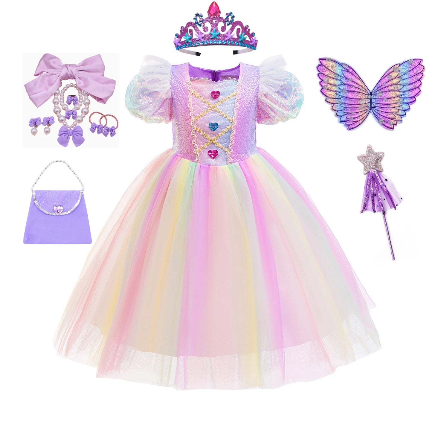 Rainbow Gradient Princess Ball Gown with Puff Bubble Sleeves