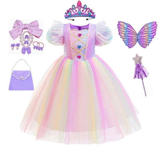 Rainbow Gradient Princess Ball Gown with Puff Bubble Sleeves