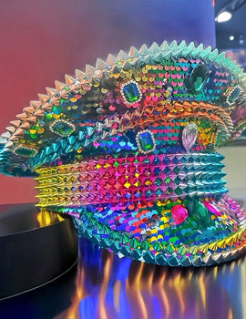 Colorful Rhinestone Festival Captain Hat Unisex Steampunk Caps Adult Luxury Military Cap Wedding Sequin Sergeant Hat Masquerade