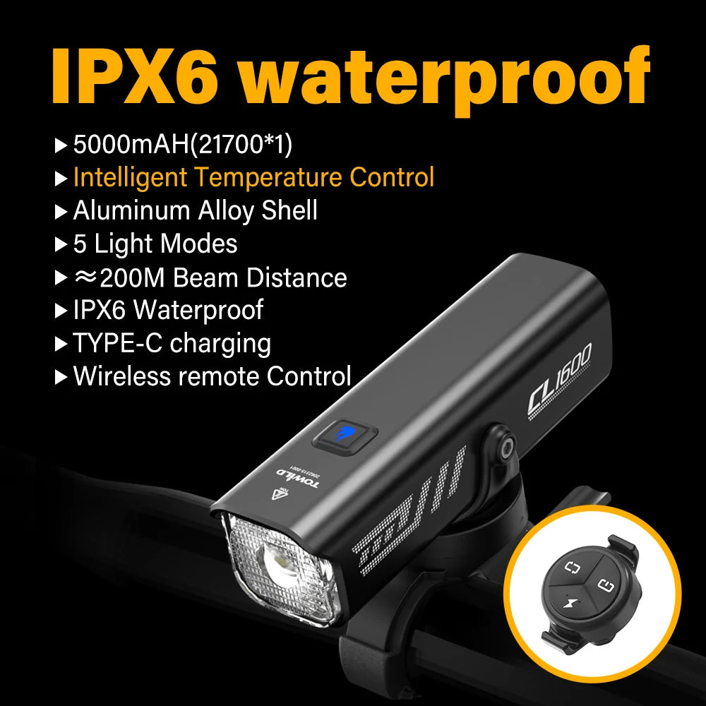 1600LM Bike Light Front Lamp Type-C Rechargeable LED 21700 5000mAh Bicycle Light Waterproof Headlight Bike Accessories