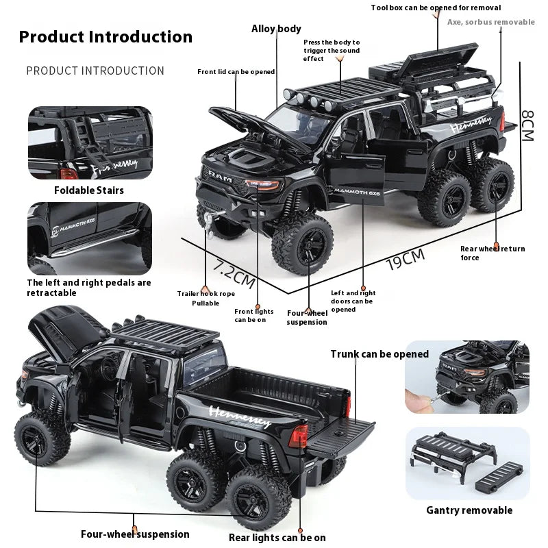 ﻿1:32 Dodge Tyrannosaurus Rex RAM 1500 TRX 6*6 Warlord Alloy Miniature Car Diecast Metal Scale Model Sound ＆ Light Toy Car