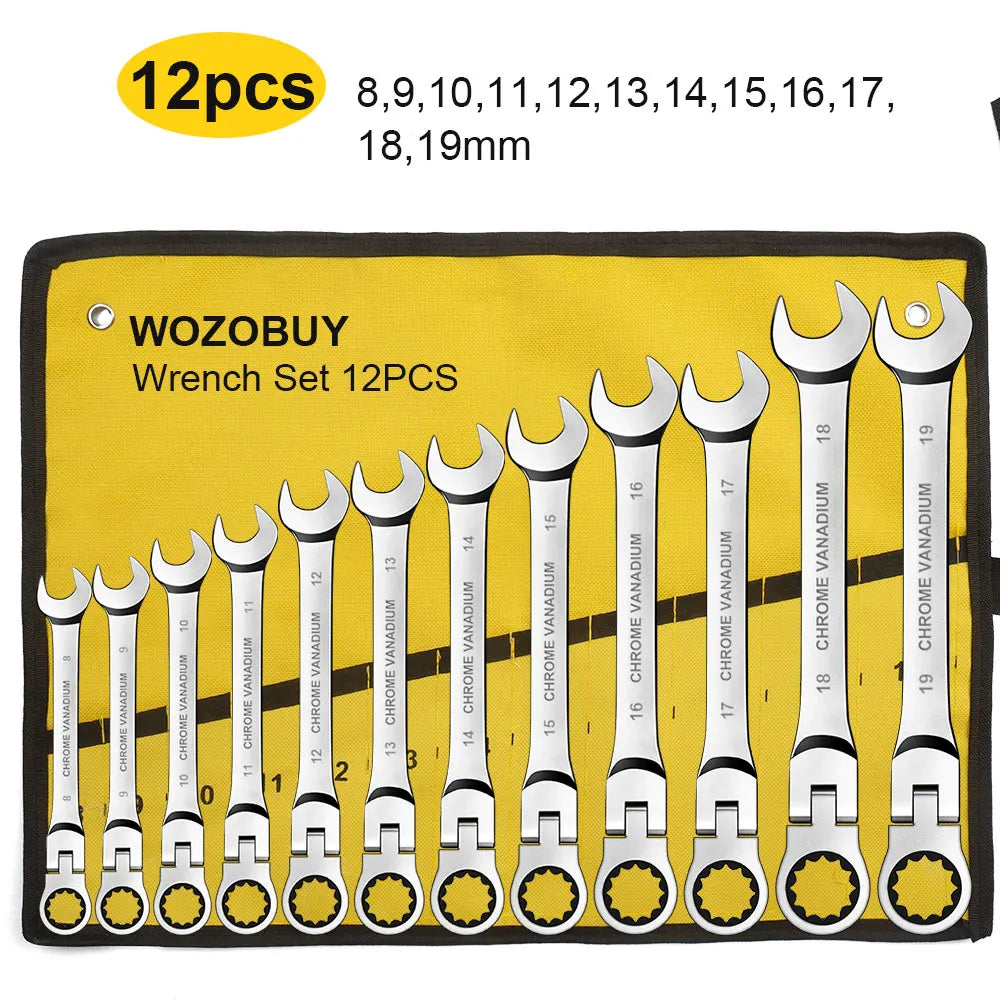 Metric Flex Head Ratcheting Combination Wrench Set 6–22mm 72-Tooth Cr-V Steel Spanner Set with Portable Storage Bag