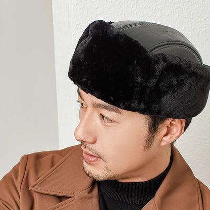 Winter Man Genuine Leather Cap Male Warm Faux Fur Inside Big Earflap Middle-Aged Elderly Father Lei Feng Hats Gorras Ear Cap