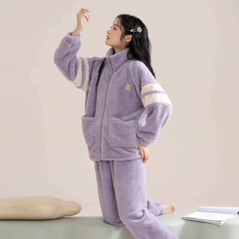 Women’s Winter Flannel Pajama Set – Thick, Soft Coral Fleece with Zipper & Oversized Fit