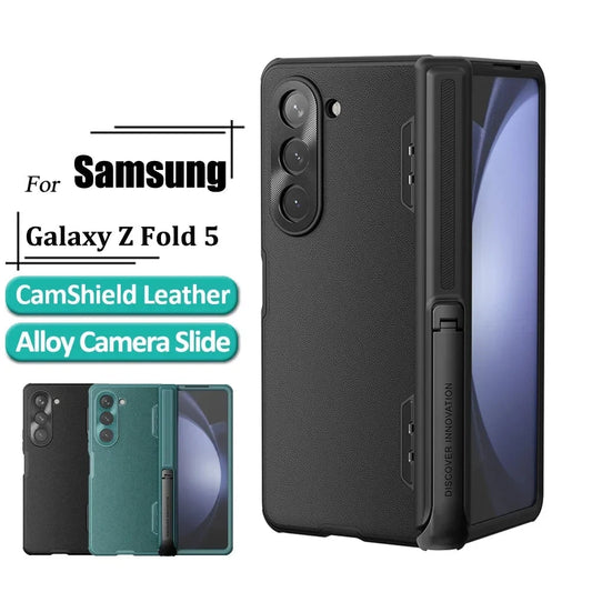 Luxury Cam Shield Fold Leather Case For Samsung Galaxy Z Fold 5 5G Alloy Slider Shockproof Back Cover（Bracket version）