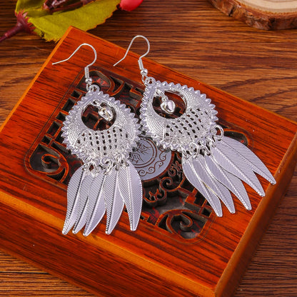 Retro Bright Silver Color Leaf Butterfly Peacock Earrings Tassel Dangle Earrings Jewelry