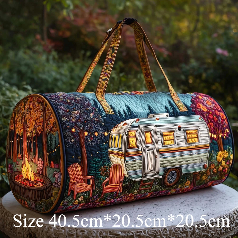Handmade Quilted Travel Bag Vintage Artistic Camper Nature Duffle Bag Boho Weekender Tote for Men Women Camping Hiking Road Trip
