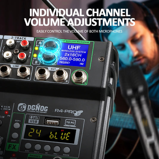 4 Channel Audio Mixer With Dual Wireless Microphones Bluetooth USB And 24 DSP Effects