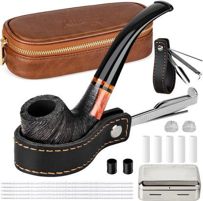 Pipe Set with PU Leather Pouch, Wood Pipe with 4-in-1 Pipe Stand Holder and Pipe Accessories, Beginner Pipe Kit