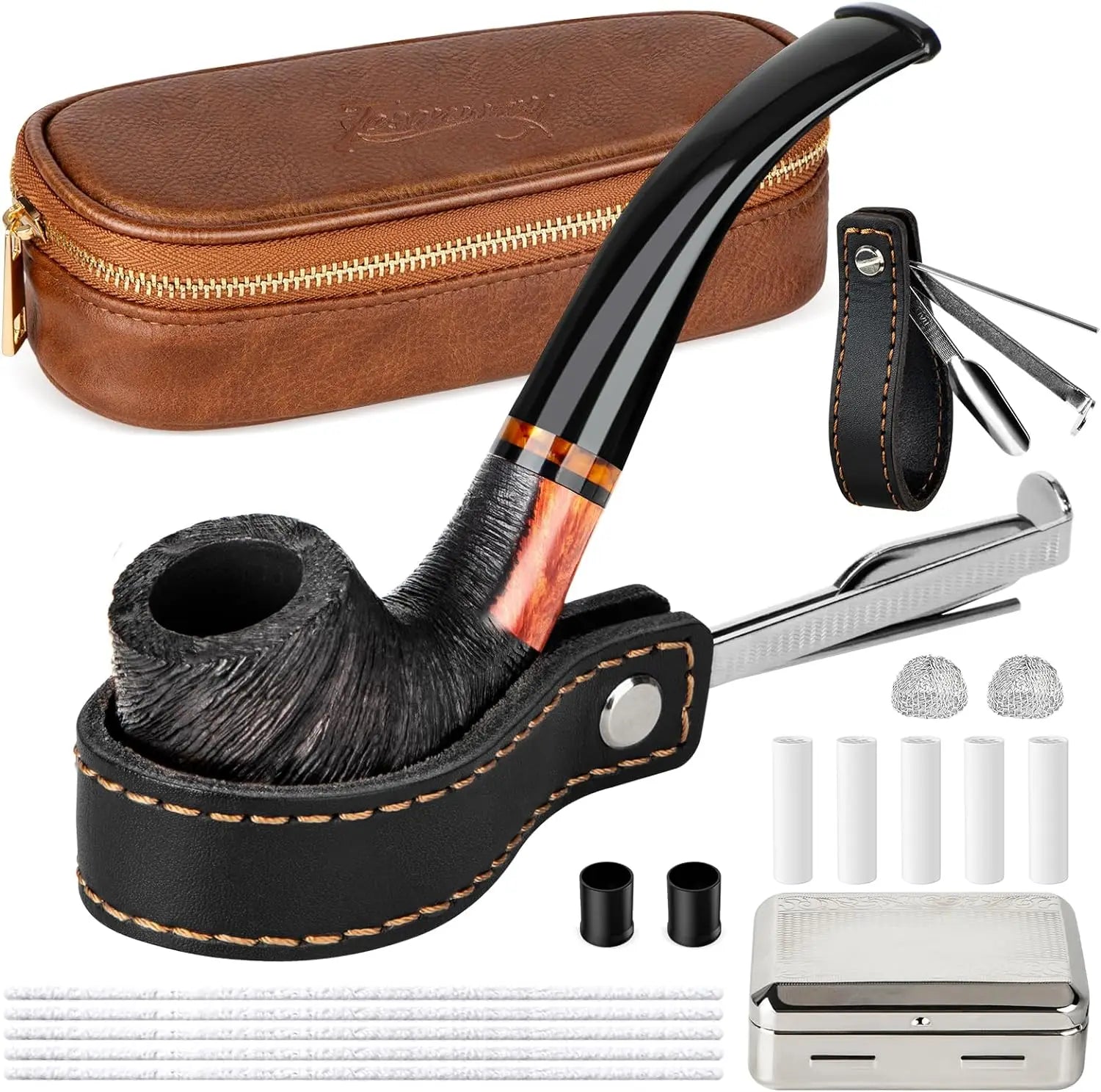 Smoking Pipe Set with PU Leather Pouch,Wood Pipe with 4-in-1 Pipe Stand Holder and Pipe Accessories,Beginner Pipe Kit